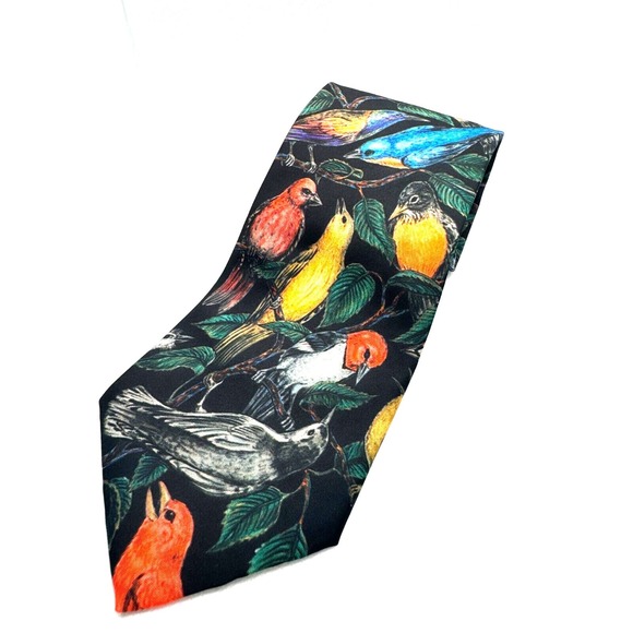 Diem Crazy Other - D'em Crazy Mens‎ Black Wild Bird Print Silk Necktie 1996